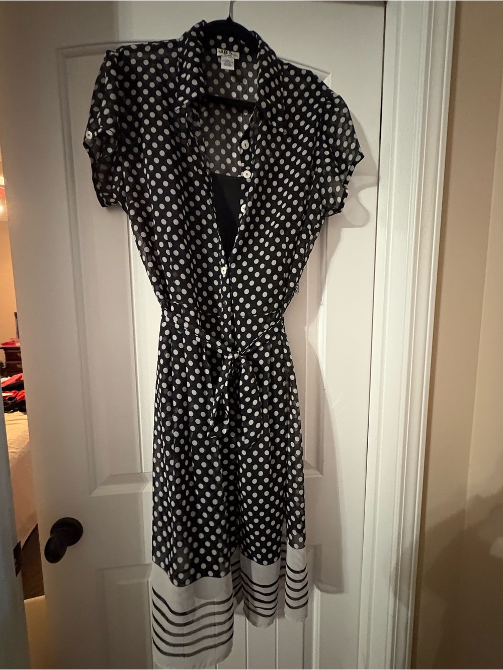 Polka Dot Tie-Waist Shirt Dress in Black and White